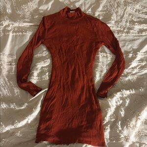 Women's Long Sleeve Ribbed Mock Neck Dress - Rust Red